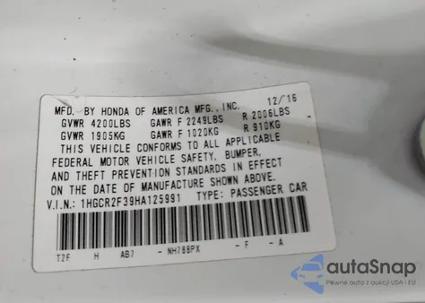 2017 Honda Accord Lx из США, поврежденный, VIN 1HGCR2F39HA125991